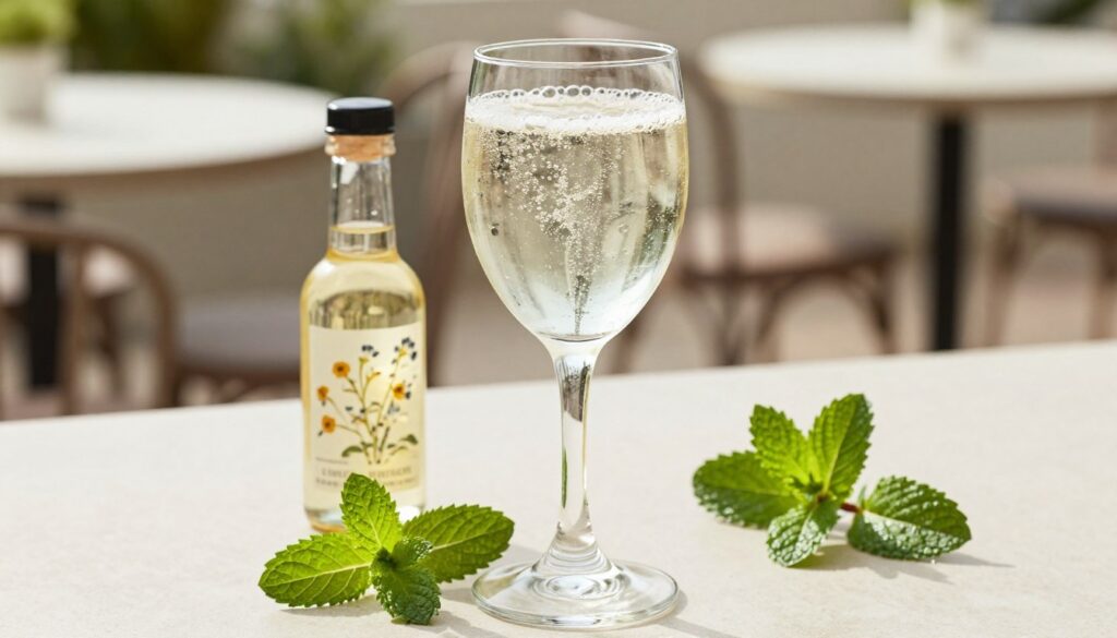 Składniki do drinka Hugo - prosecco, syrop z kwiatów czarnego bzu, mięta